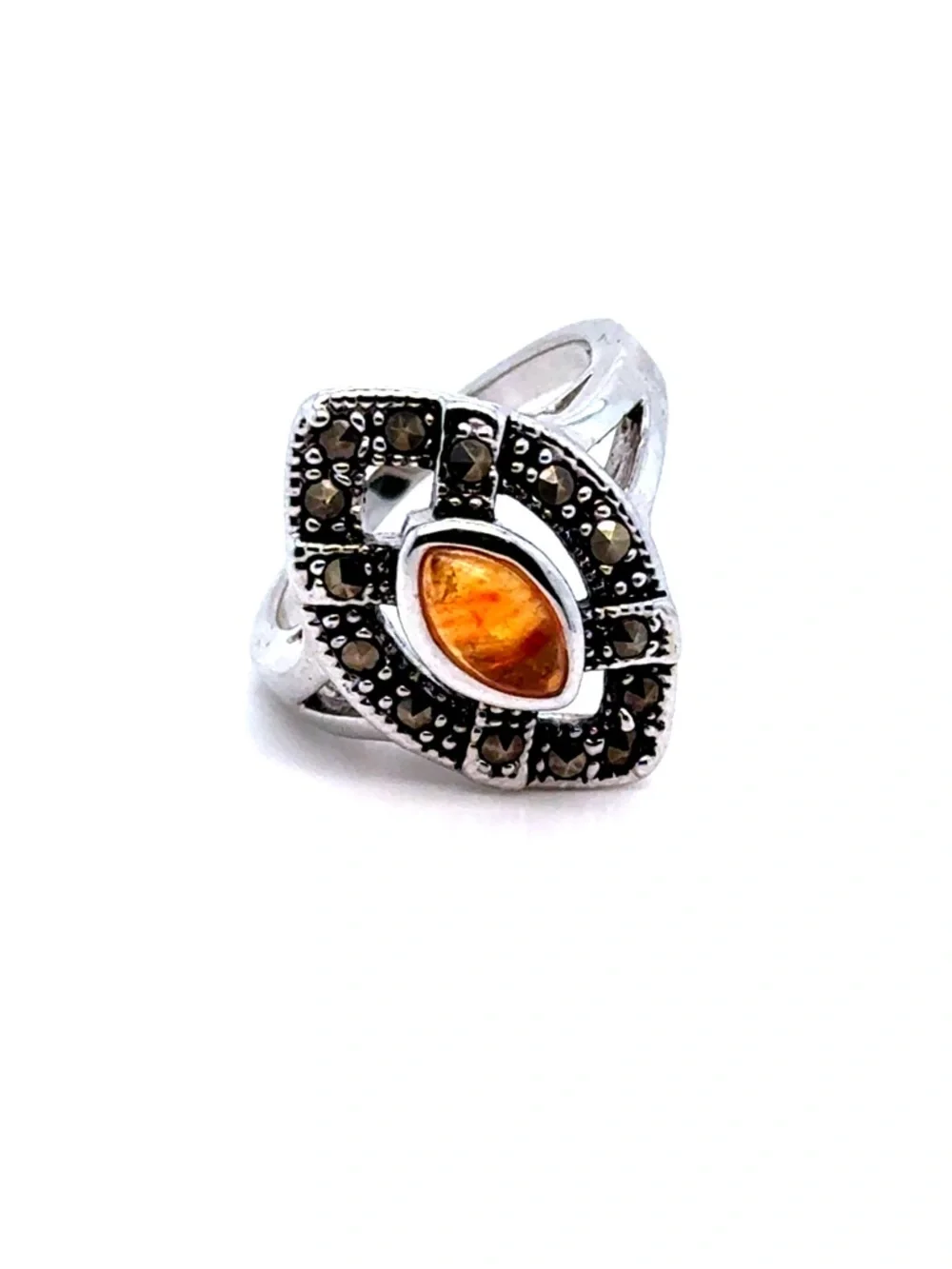Silver Colored Amber Marquise Ring - Orange‎ Gemstone