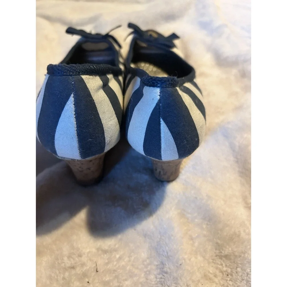 Dexflex Comfort Navy White Striped Cork Wedge Peep Toe Bow Shoes Women's Size 9‎
