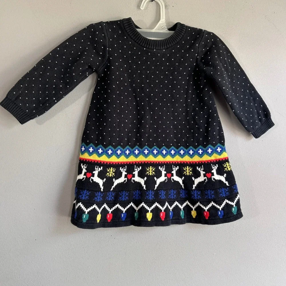 Hanna Andersson Kids Black Christmas Reindeer Sweater Dress 100% Cotton 12-18M