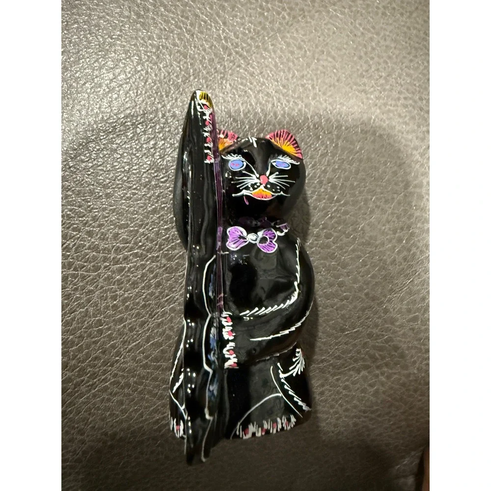 Handmade Black Cat Figurine‎ Playing Cello Music Thailand Whimsical Decor