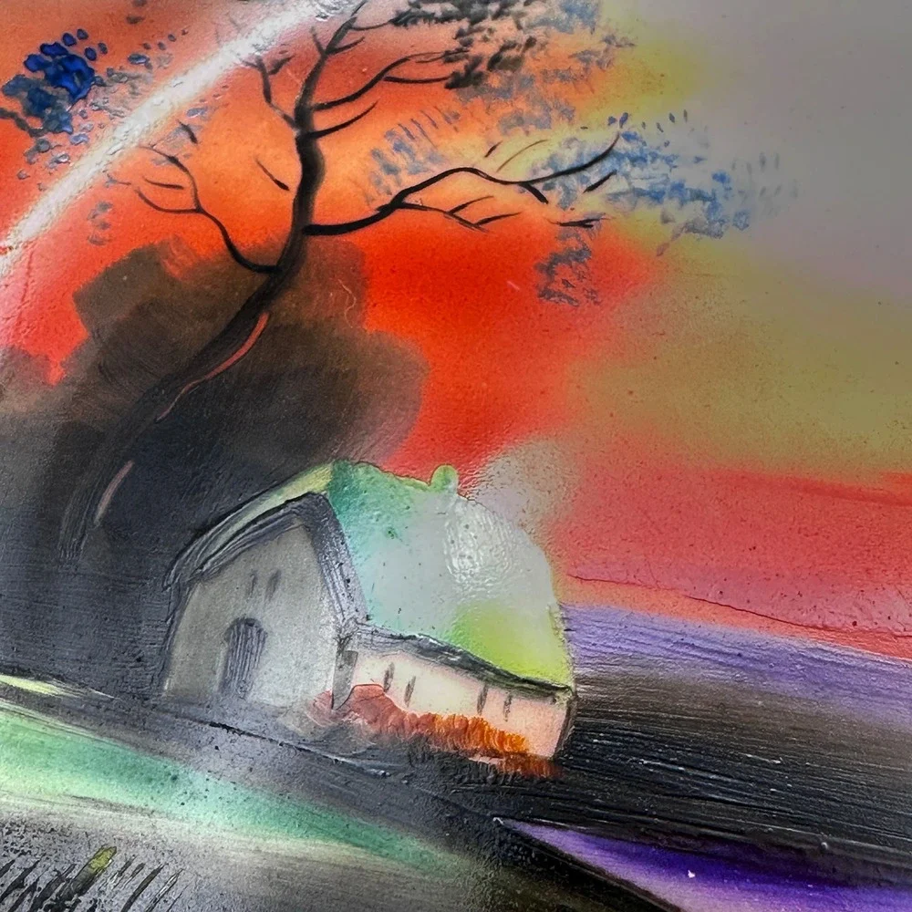 1920s Noritake Hand Painted Landscape Cottage Sunset Plate‎ M Wreath Mark 6.25