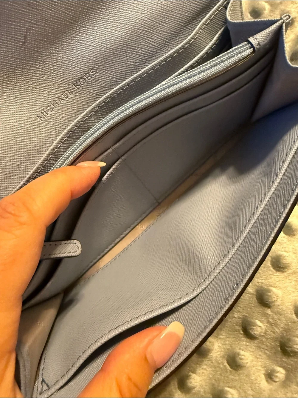 Michael Kors Pebbled Leather Continental Wallet in Light Gray/light blue