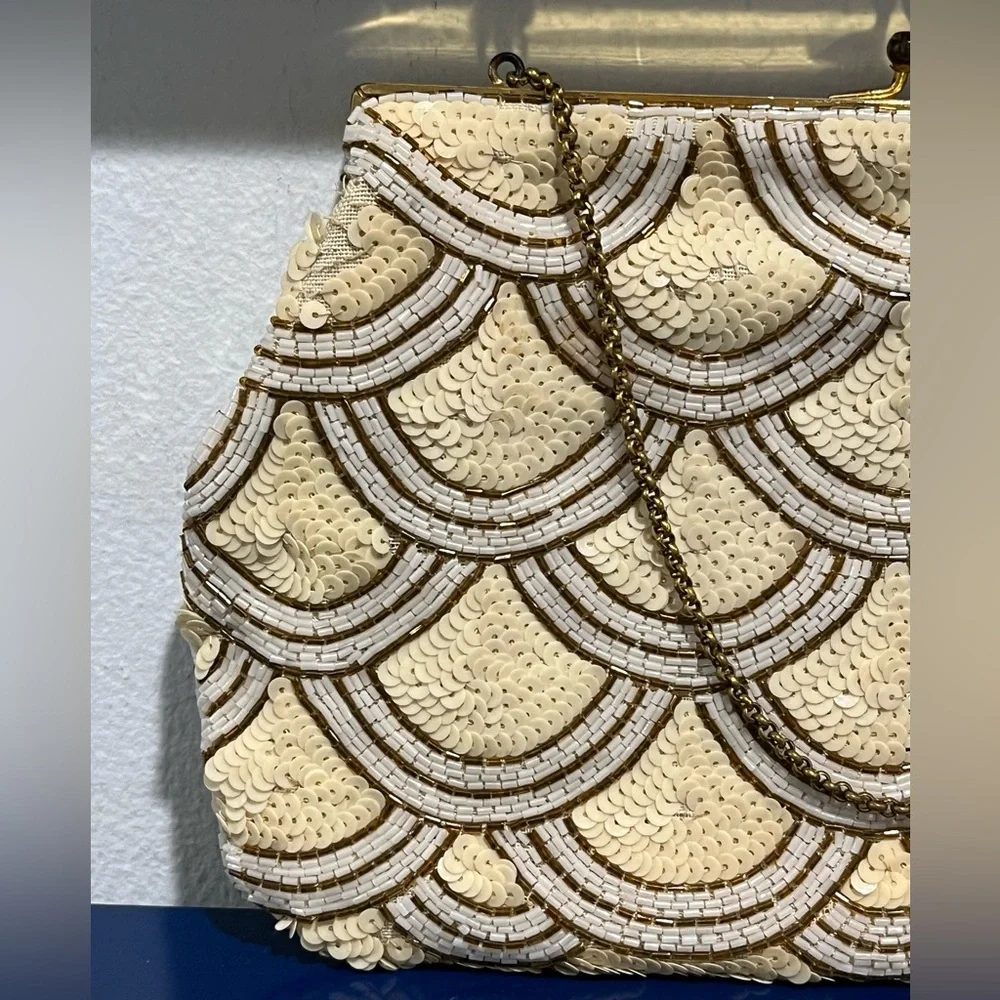 Bags By Josef Cream Jewel Bead Purse Evening Bag Clutch Vintage 50s 60s France