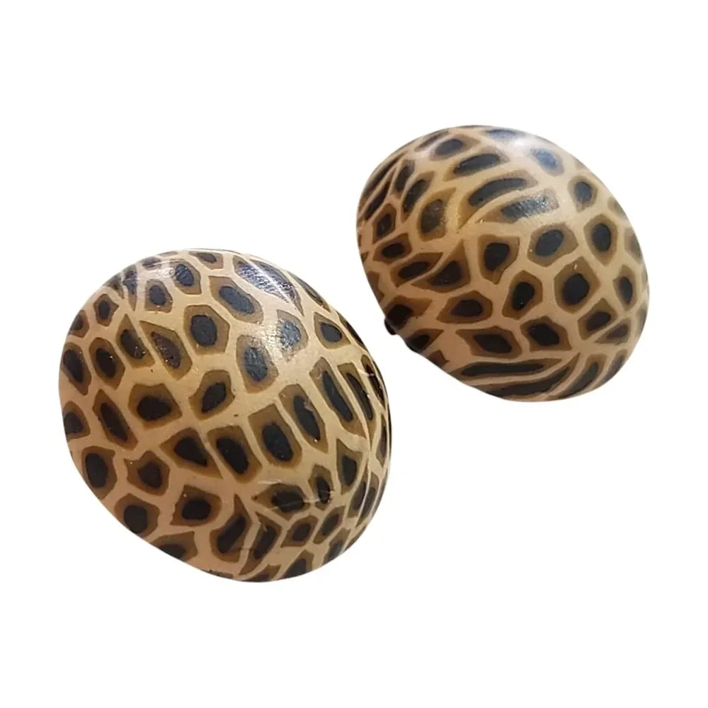 Vintage 80s Large Leopard Print Round Clip On Earrings