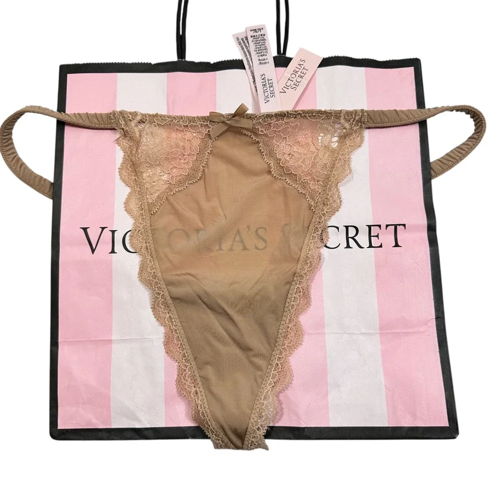 NWT Victoria's Secret Sheer Lace‎ Trim Thong Panty Tan Large