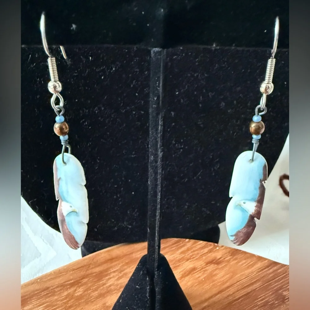 VTG Ceramic Feather Eagle Dangling Blue and Brown Pierced Earrings