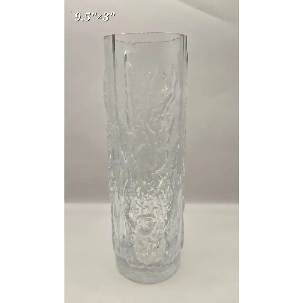 Vintage Ice Glass Vase Tall Clear Textured Bark Mid Century Modern‎ Scandinavian