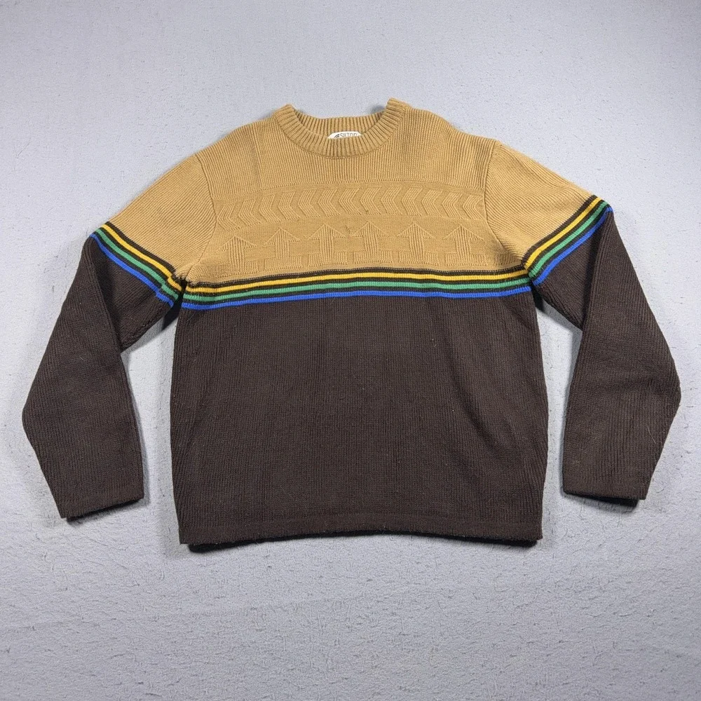 Vintage Silton Sweater Mens Medium Brown Tan Stripe Crewneck Knit Retro 80s‎