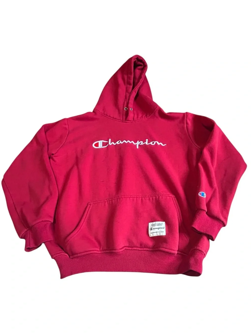 Vintage Champion Spellout Hoodie Red Distressed Y2K Large