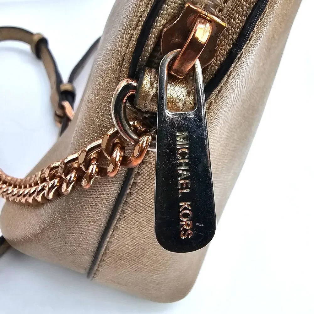 Michael Kors Cindy Dome Crossbody Pale Gold Saffiano Leather Bag Metallic