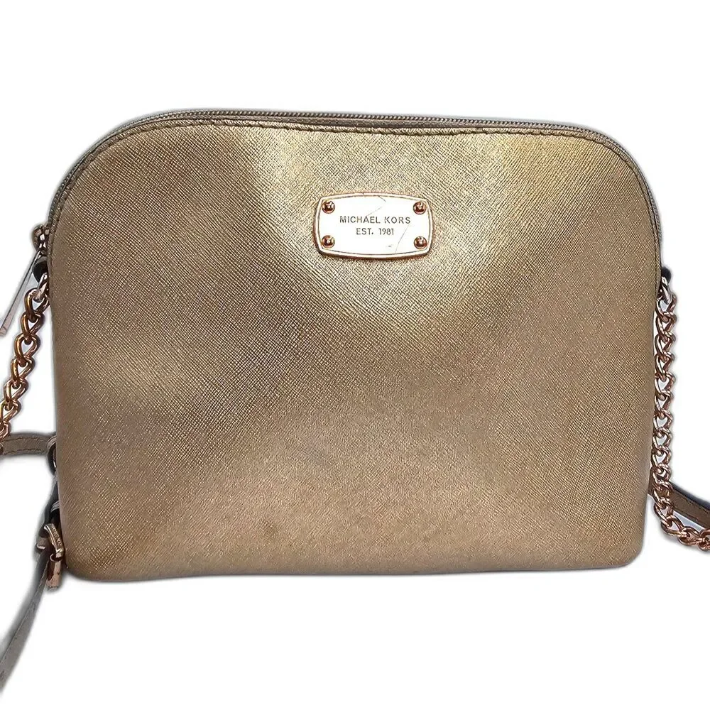 Michael Kors Cindy Dome Crossbody Pale Gold Saffiano Leather Bag Metallic
