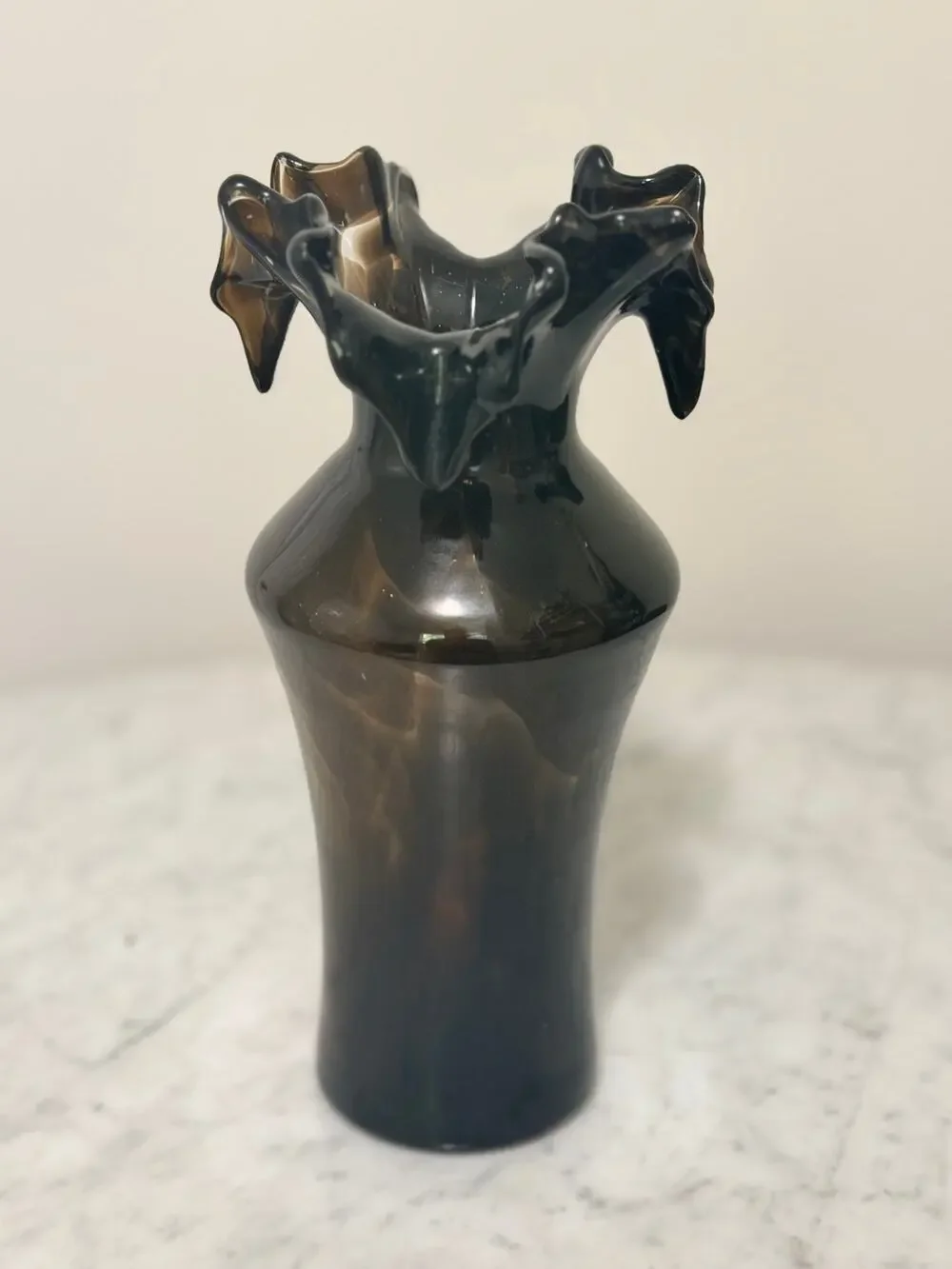 Vintage Black Amethyst Art Glass Vase 9” Hand-Blown Ruffled Crimped Rim