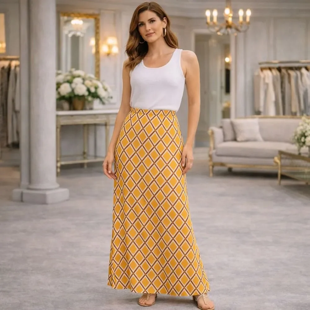 FAITHFULL THE BRAND Yellow Geometric Maxi Skirt 100% Rayon Women Size 4‎ SMALL