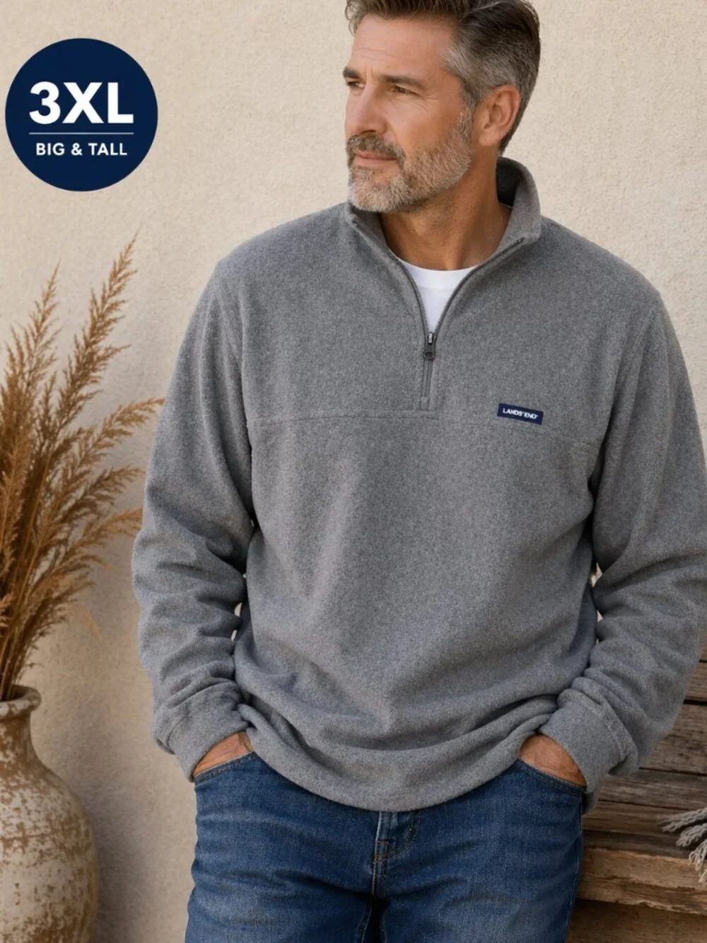 Lands' End Quarter Zip Fleece Pullover Gray Big Tall 3XL Men's Cozy‎ Casual