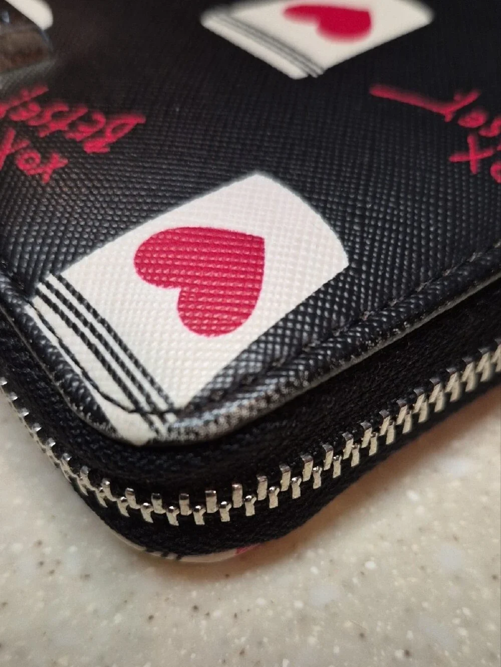 Betsey Johnson Black Wristlet Wallet with Pink Heart Coffee Cups