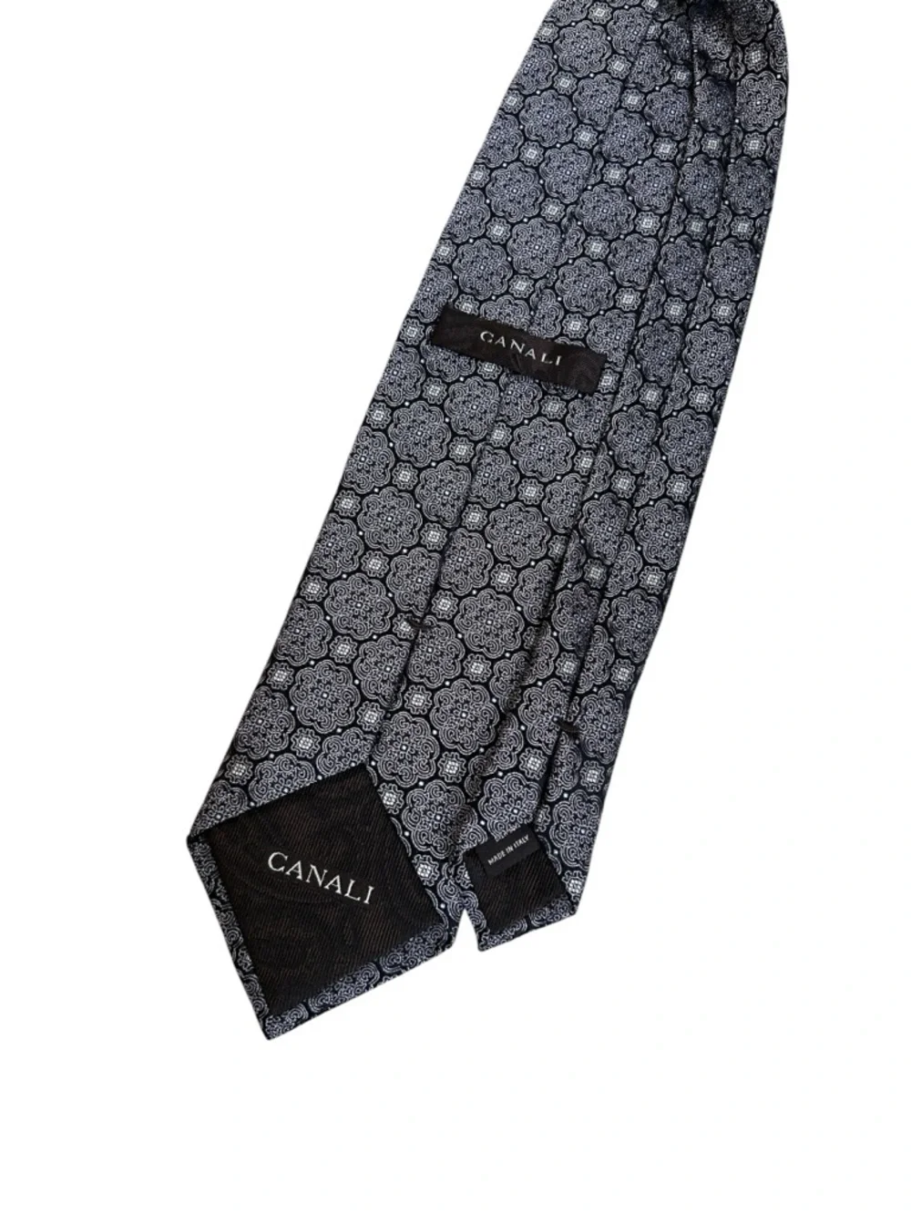 Canali Silk Tie Black Gray Blue Medallion Geometric Pattern Luxury Italian Made