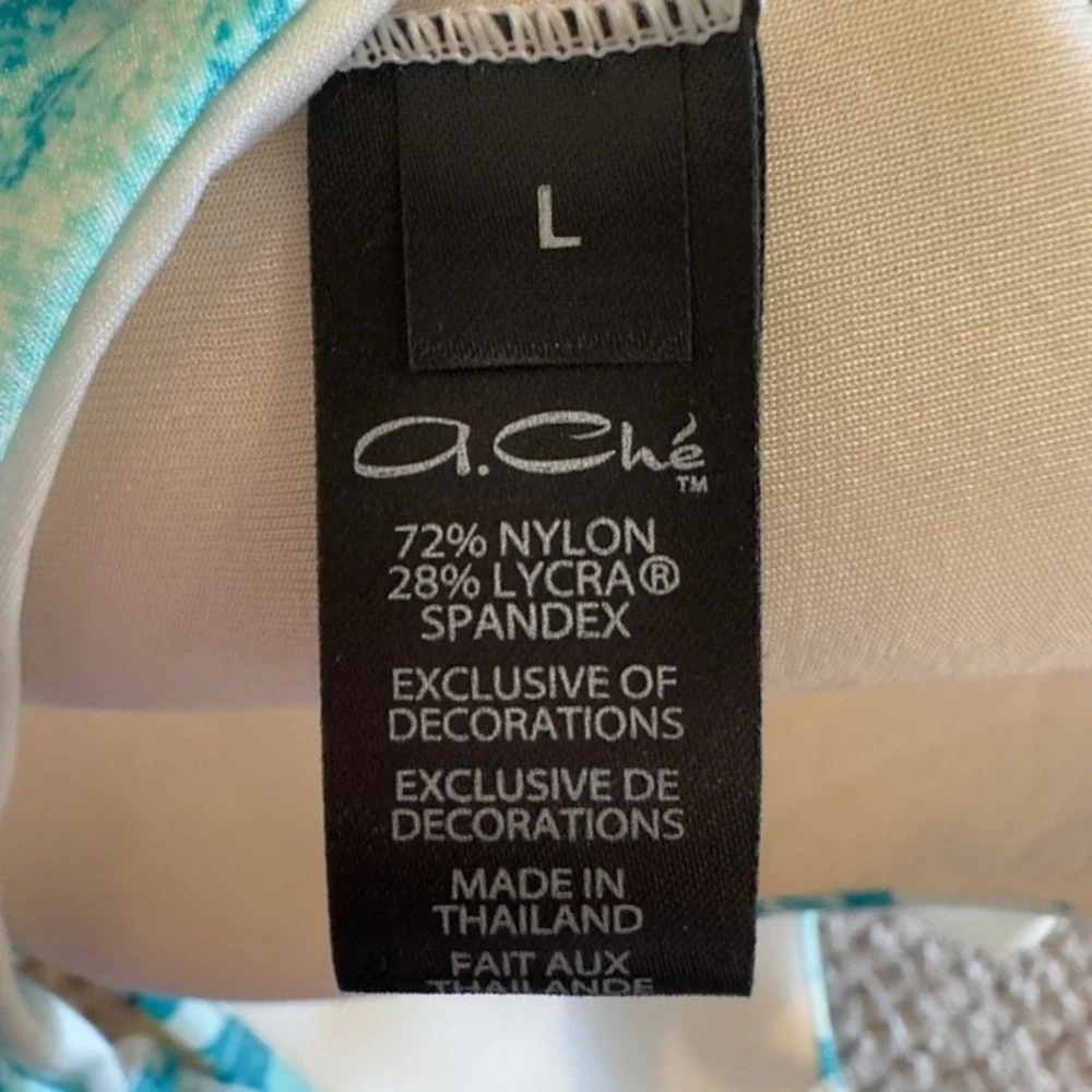 A.Che Womens Teal White Abstract Print Halter Bikini Top Size Large NWT