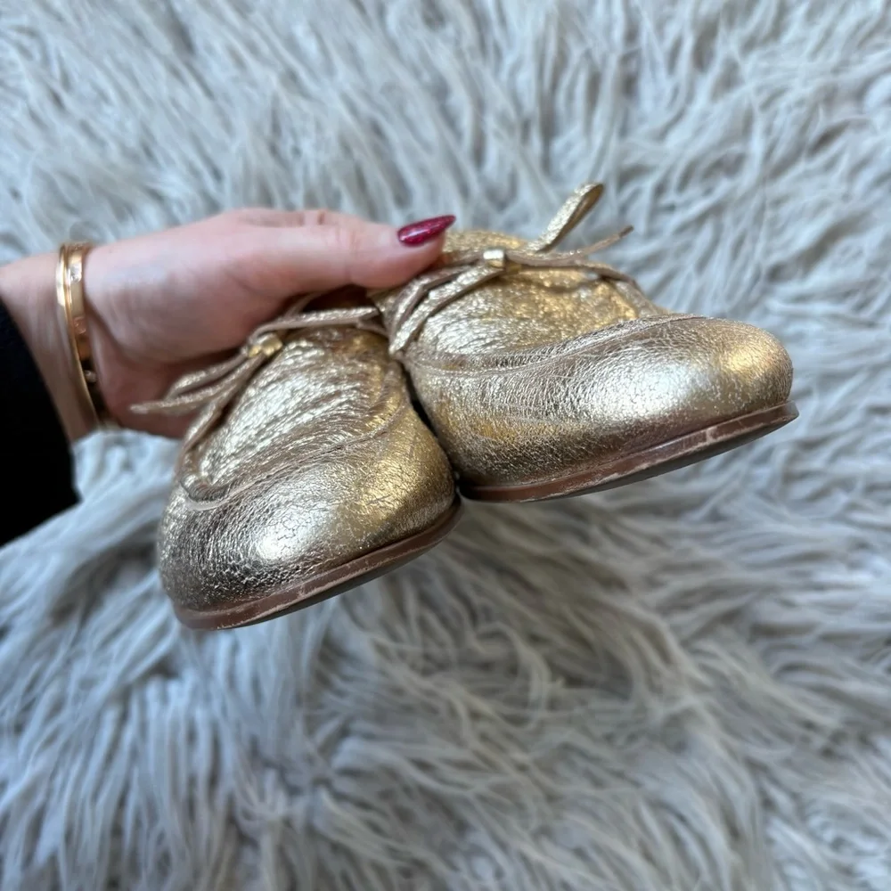J. Crew The Academy Leather Metallic Gold Womens Almond Toe Loafers H1872 Size 8