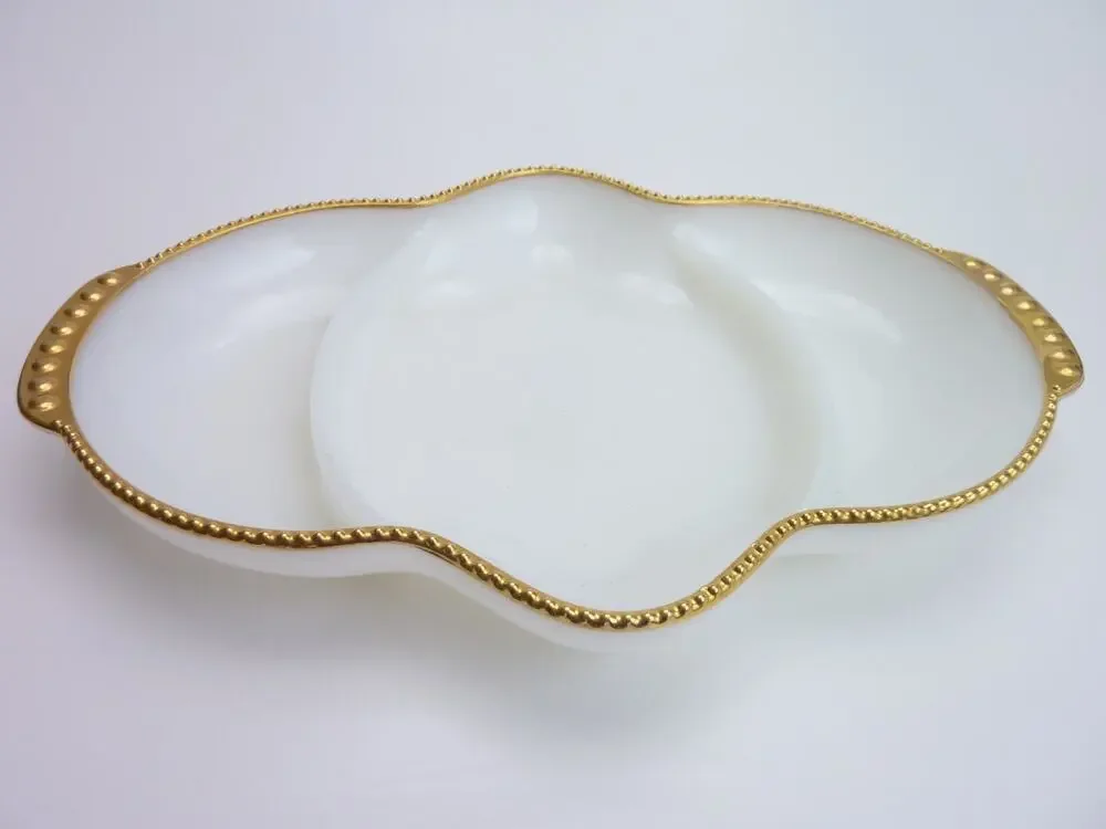 Fire King Vintage Milk Glass Divided Serving Dish Gold Trim White 11x7.5