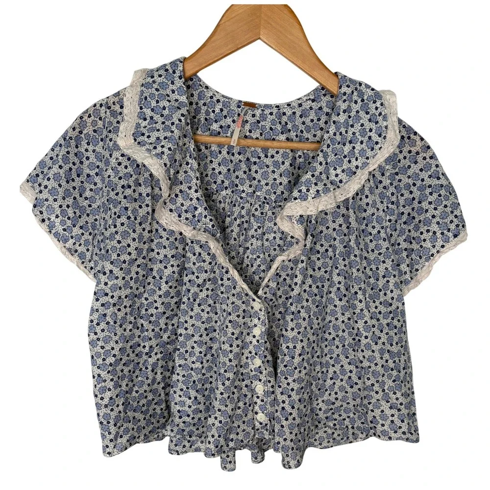Free People Prairie Cottage Peter Pan Collar Blue Floral Lace Button Down Top S