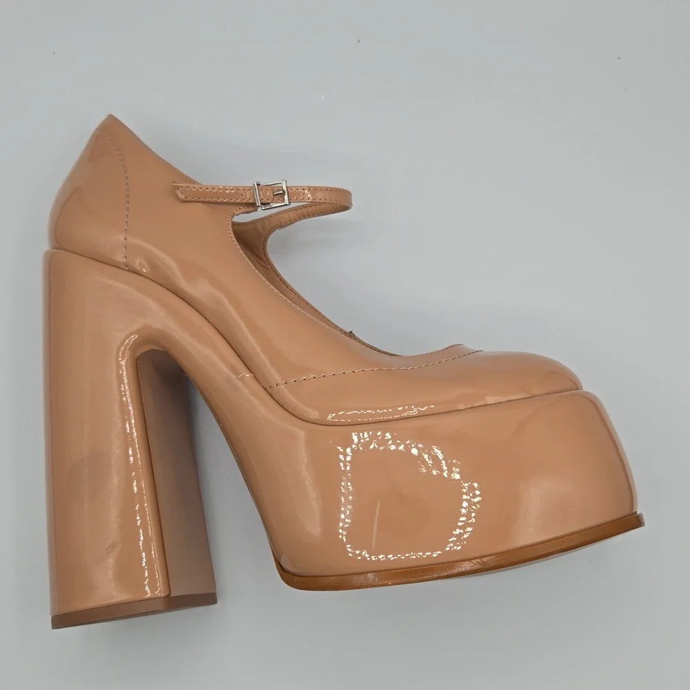 Schutz Zayne Patent Platform Mary Jane Pumps New Peach Nude Chunky Heel 70s Glam
