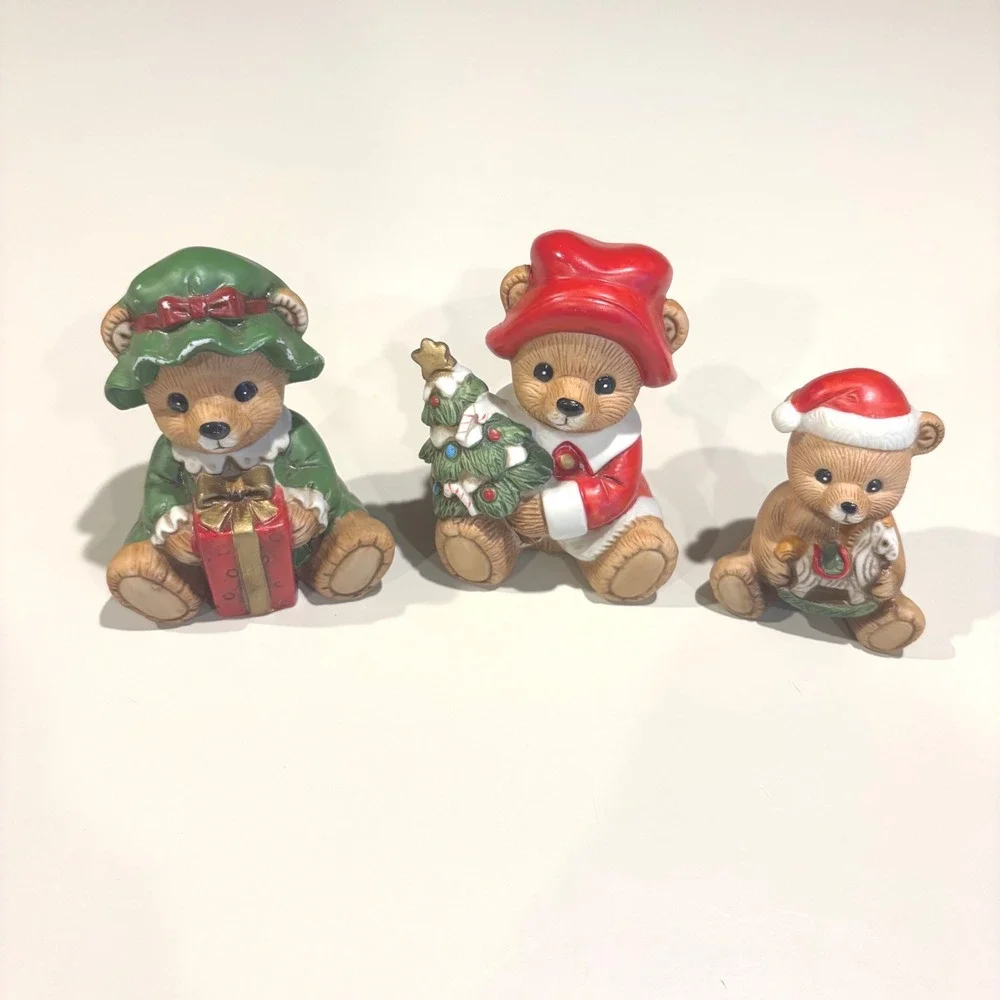Vintage Homco Christmas Bear Figurines Set of 3 Porcelain 5175 Green Red Holiday