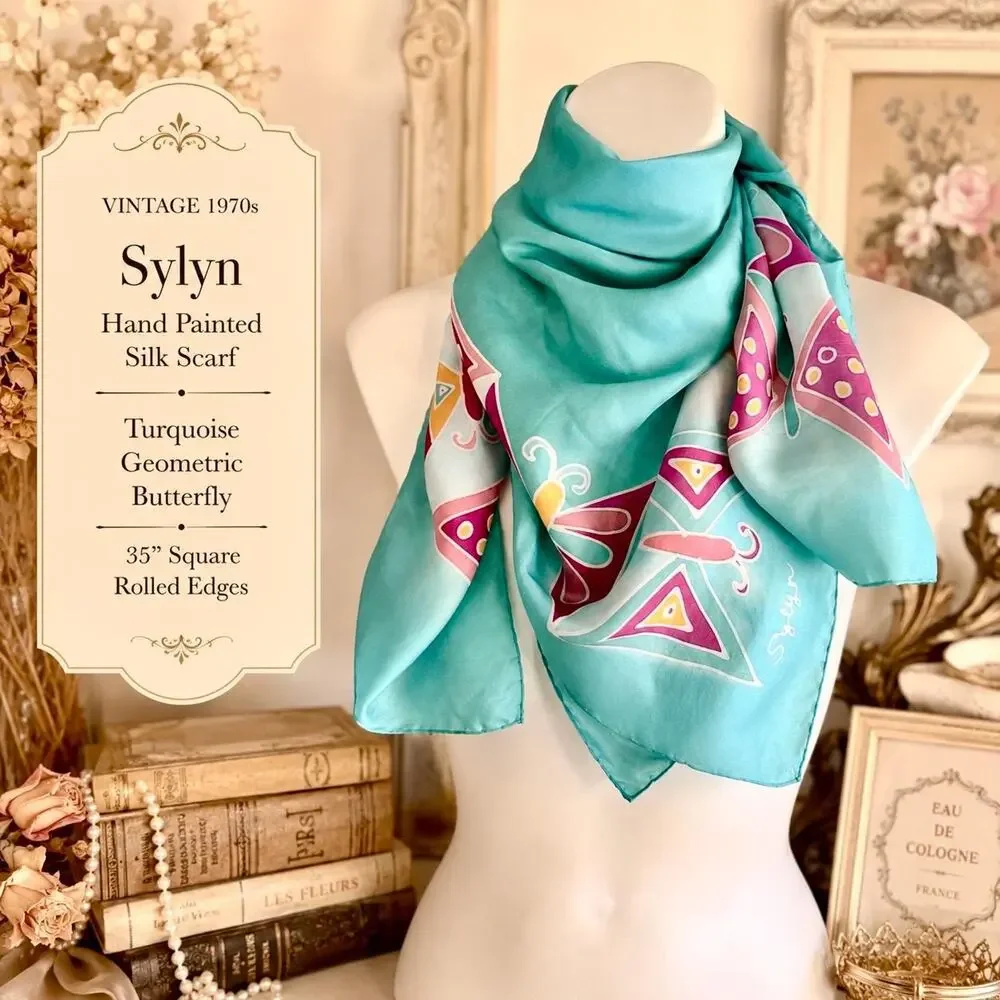 Vintage 1970s Hand Painted Sylyn Silk Scarf Turquoise Butterfly 35” Rolled Edges