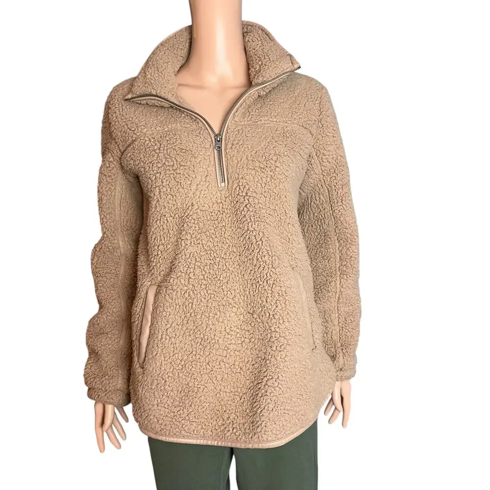 Abercrombie & Fitch Sherpa Fleece Half Zip Pullover Cozy Teddy Jacket Tan Medium