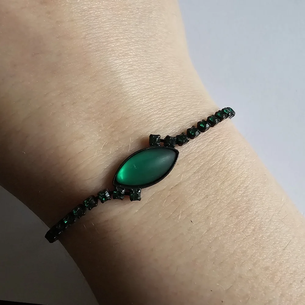 Vintage green rhinestones bracelet black metal dainty retro Japanned prom formal