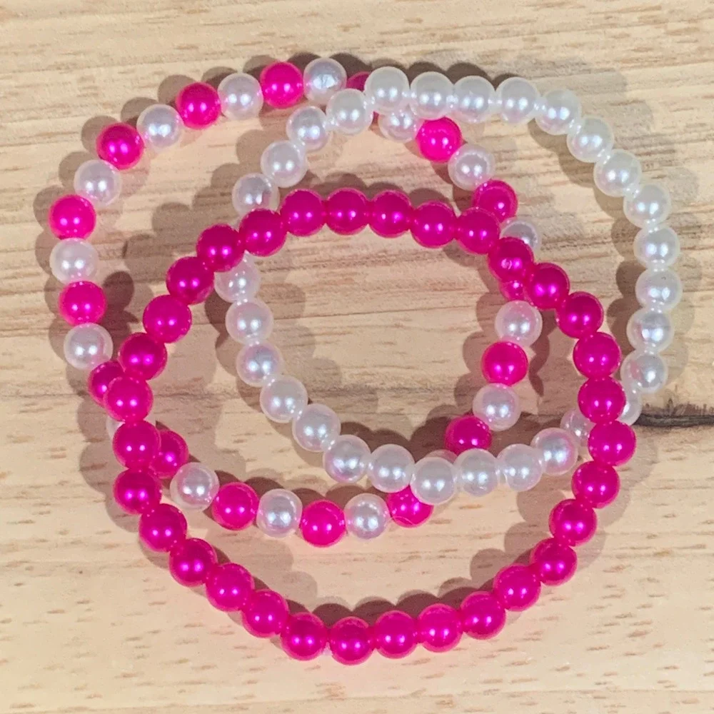 Hand Crafted‎ Pink and White Bracelet Set Of 3 Faux Pearl Beaded Stretch Barbie