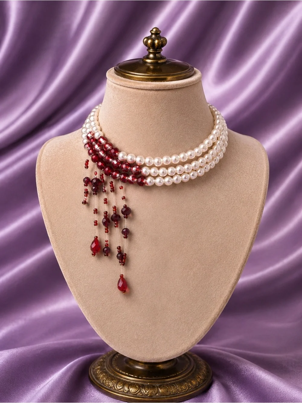 o Pearl Multi-Strand Necklace with Red Bead Droplets