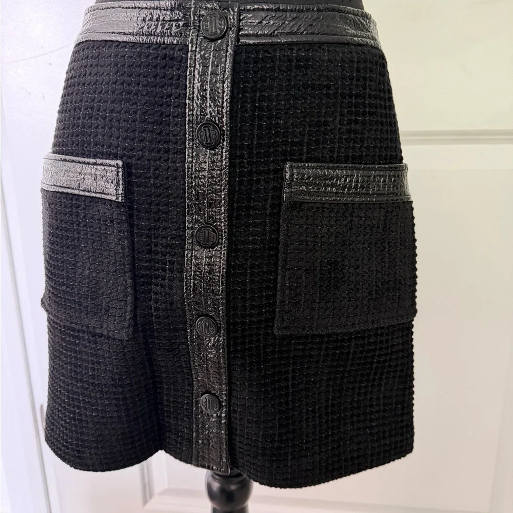 Maje Black Textured Mini Skirt with Faux Leather Trim like new condition 36