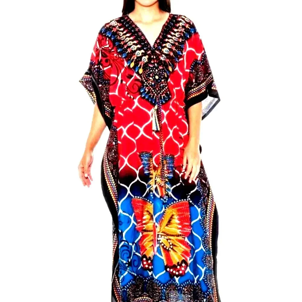 Women Kaftan red boho long coverup house coat Butterfly Dress Rock free XL