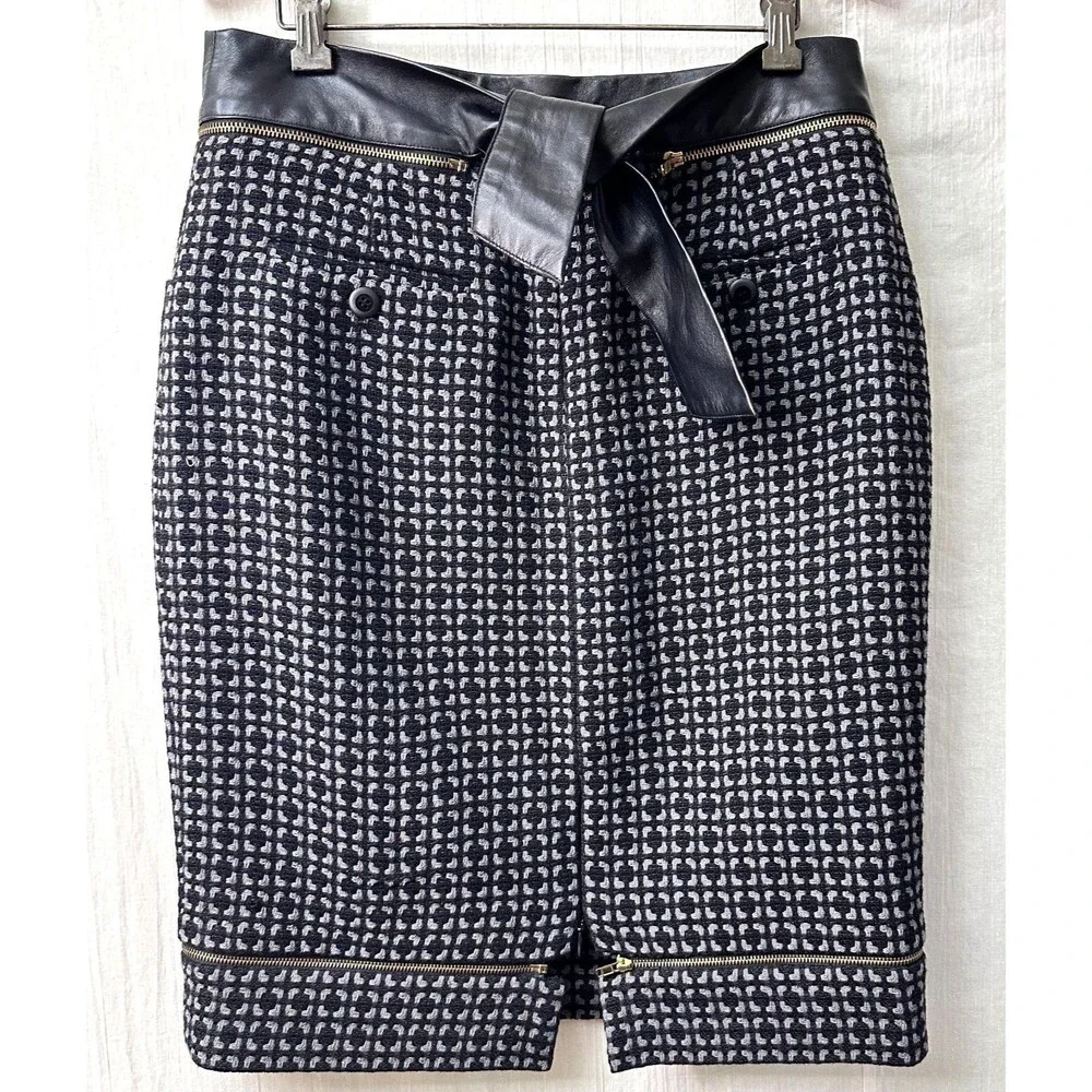 Etcetera Women's Gray Black Tweed Leather Trim Below Knee Pencil Skirt Sz M