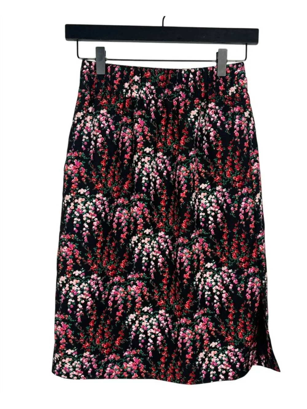 J Crew Floral Midi Skirt Womens XSP Black Pink Pull On Petite Casual