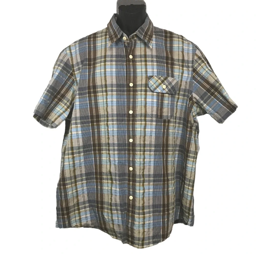 Indigo Palms‎ Mens XXL Blue Brown Plaid SS Button Down Shirt Cotton Blend