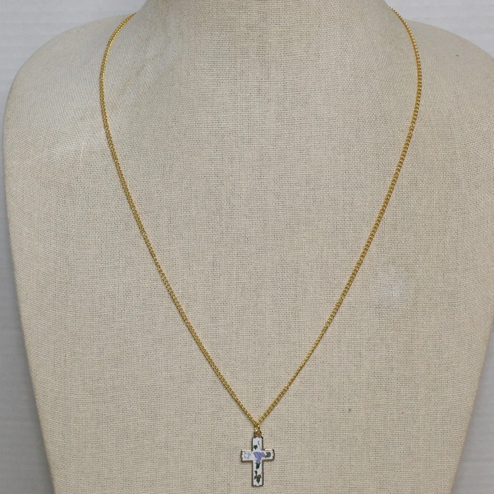 Enamel Cross Necklace Morning Glory Floral Pendant 23.5