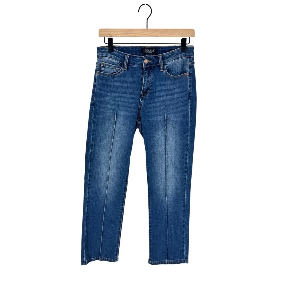 Judy‎ Blue Straight Leg Jeans Blue 7/28 High Rise Seam Detail Stretch Denim