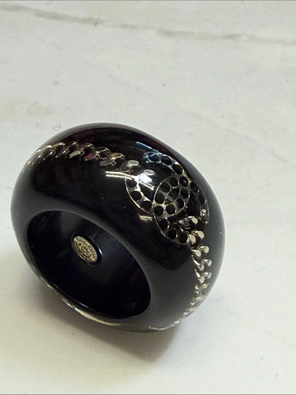 CHANEL Black Resin Dome Ring with Silver Motif