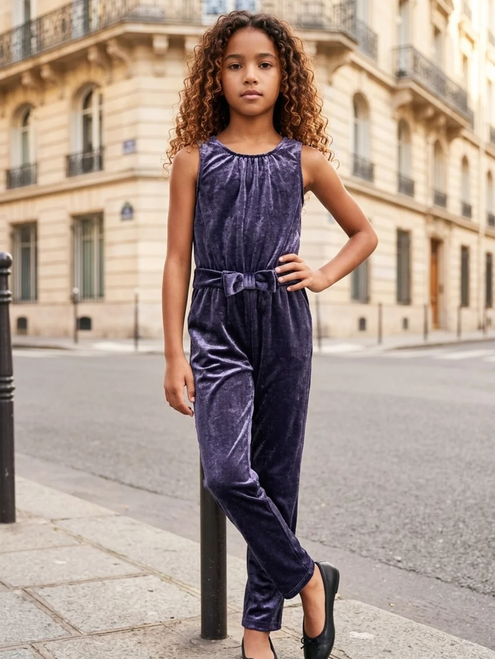 OshKosh B'gosh Girls Velvet Sleeveless Jumpsuit in Deep Purple with Bow