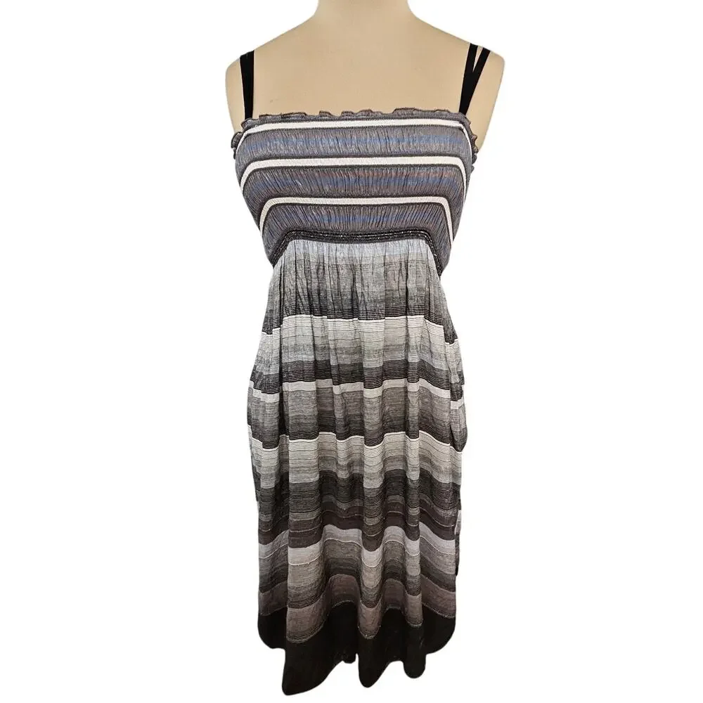 Max Studio Dress Womens Small Striped Boho Smocked Midi Black Gray Beach Coastal