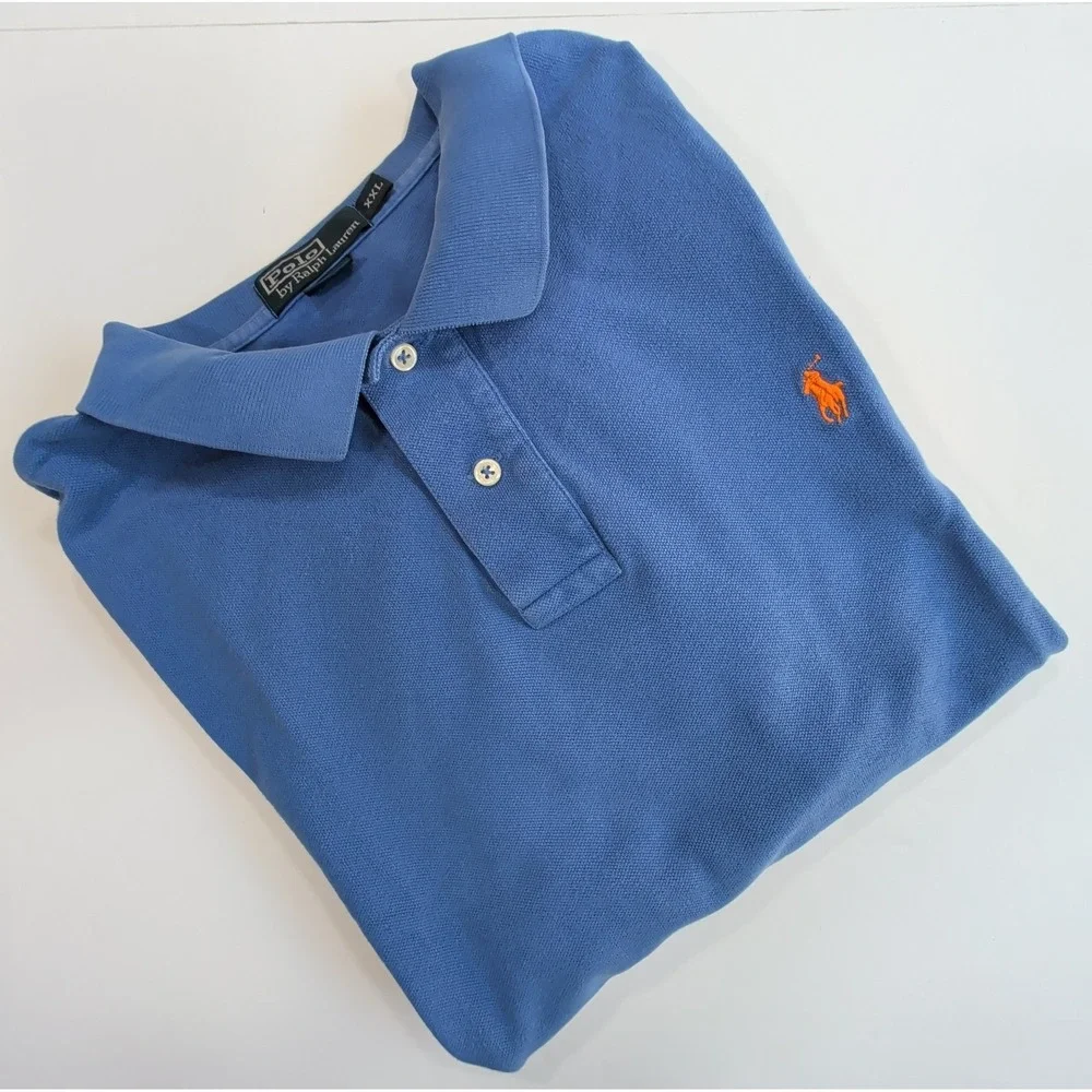 Vintage Ralph Lauren Polo Shirt Mens XXL Blue Orange Pony Logo Preppy Campus 2XL