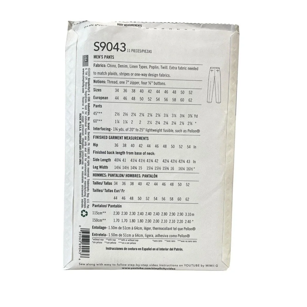 Simplicity S9043 Men's Pants‎ US 44-52 Mimi G Style Modern