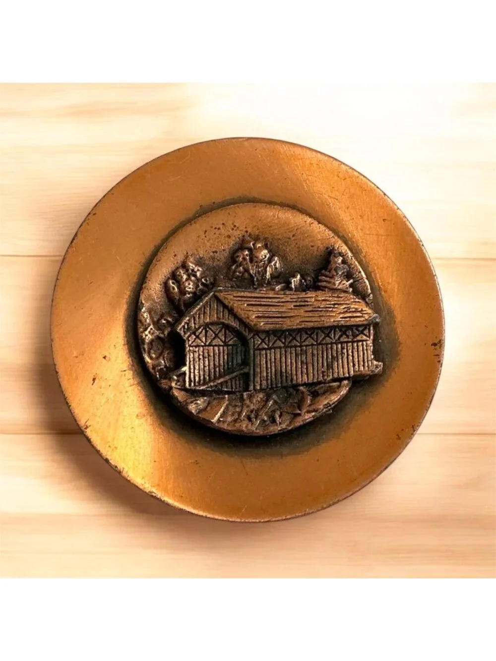 Vintage Copper Covered Bridge Brooch Pin Round 1.75