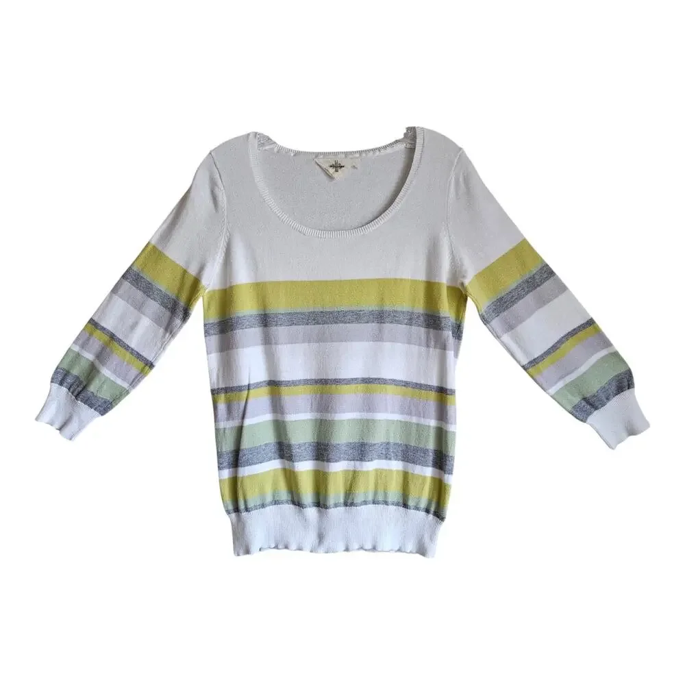 ANTHROPOLOGIE HWR Monogram Women's M Sweater Striped 3/4 Sleeve Cotton 36