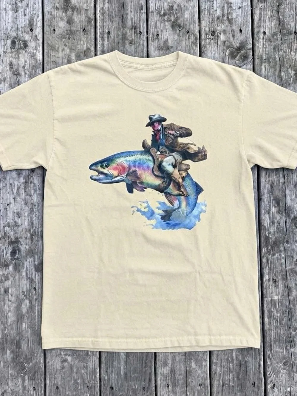 Unbranded Cream T-Shirt with Colorful Trout Rider Graphic