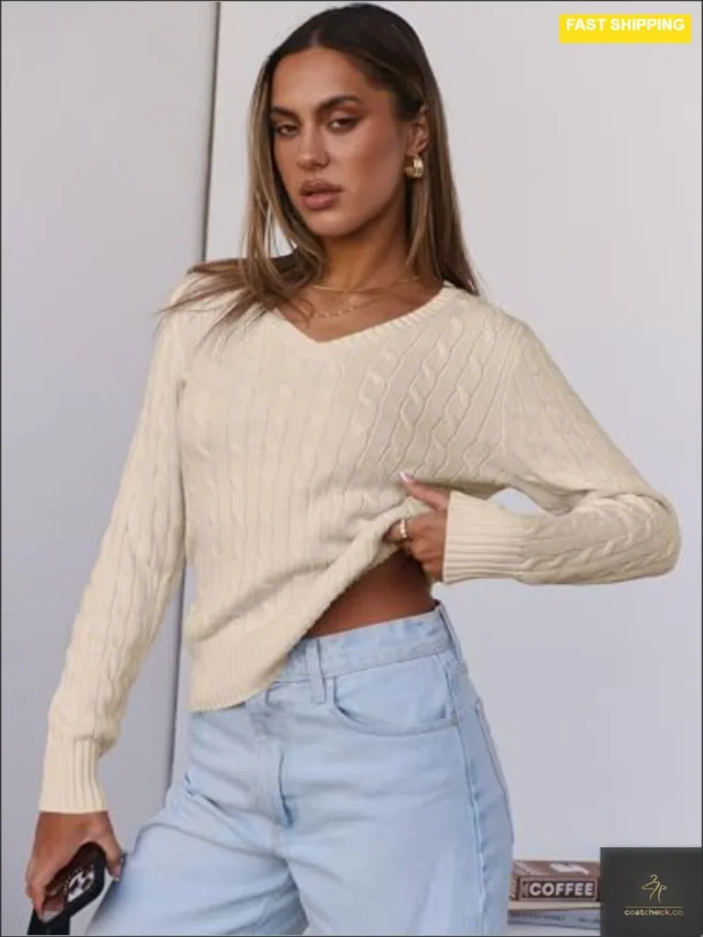 Women's Cable Knit V Neck Fitted Sweater Long Sleeve Pullover Top Soft Cozy