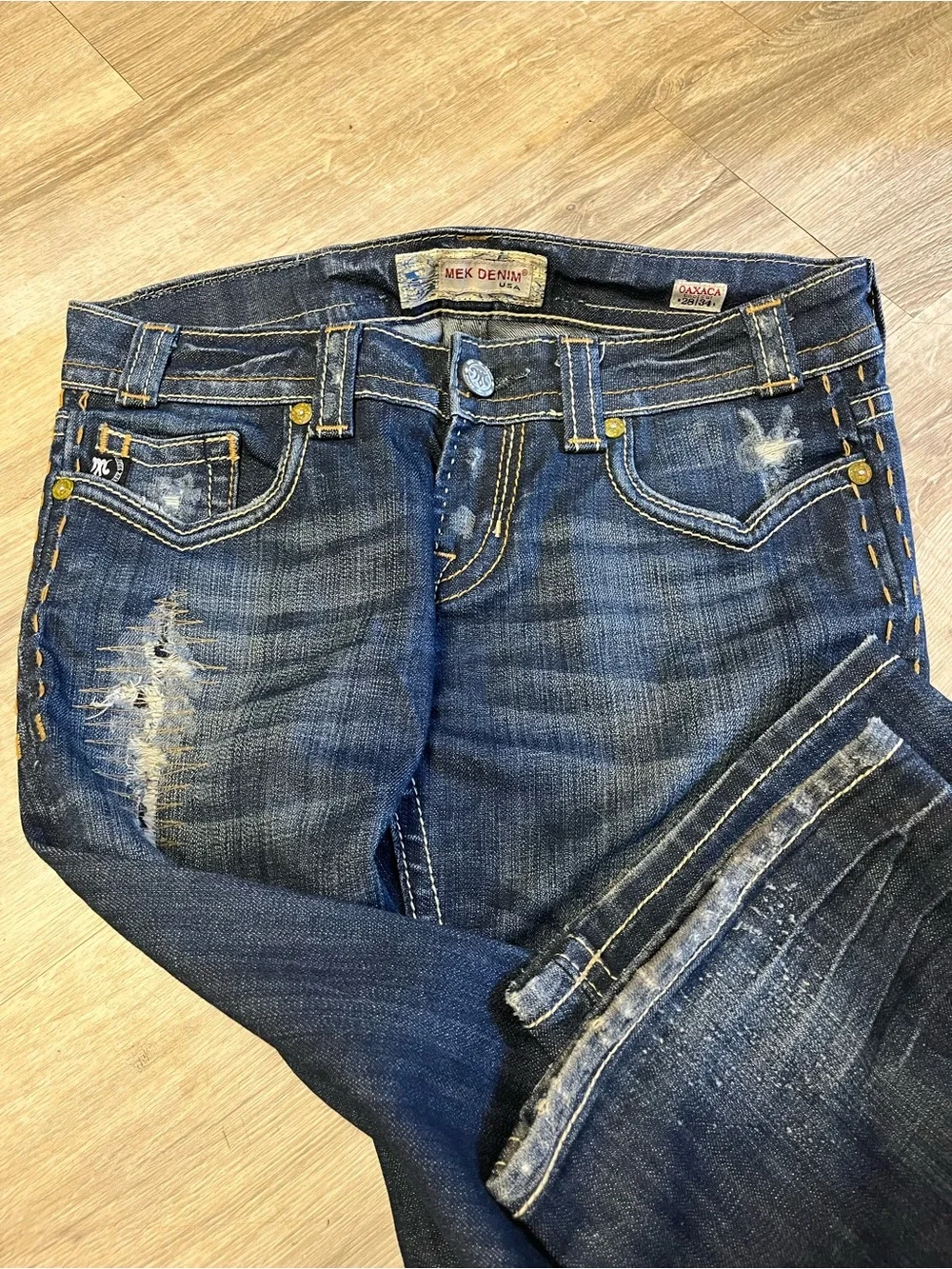 MEK Dark Blue Wide Leg Jeans with Embroidered Back Pockets