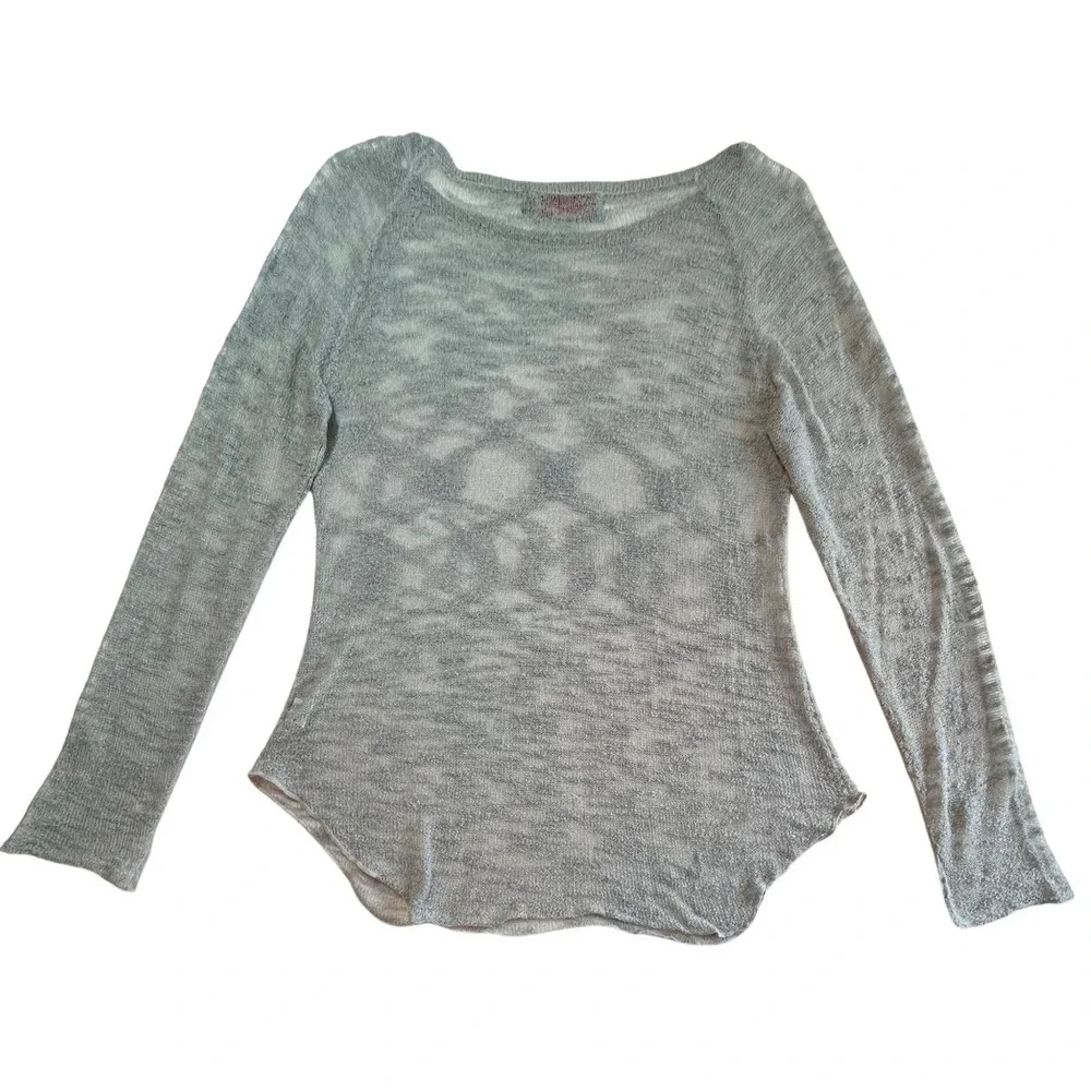 Women's Gray Crochet Knit Sweater Size L XL Grunge Boho Distressed Artsy Natural