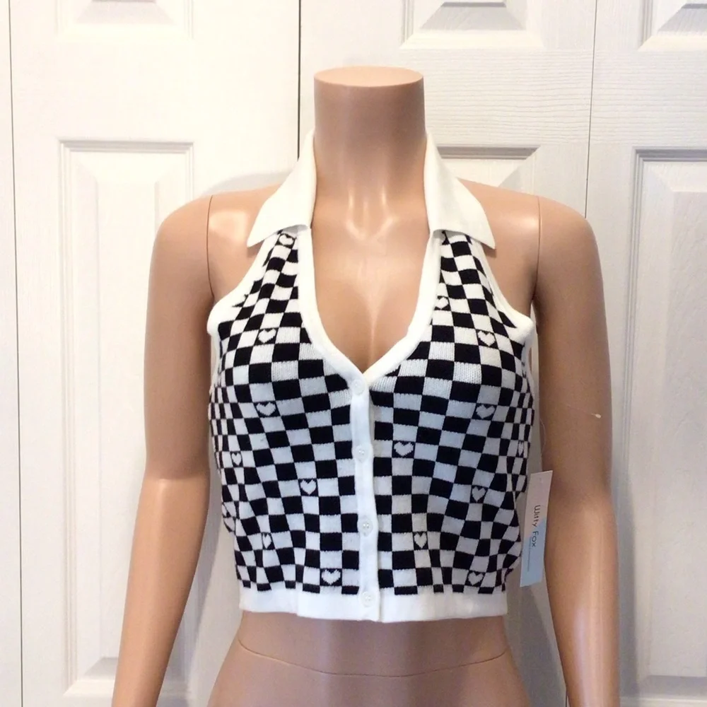 Witty Fox Womens Black/White Checked Sleeveless Halter Cropped Sweater Size Med